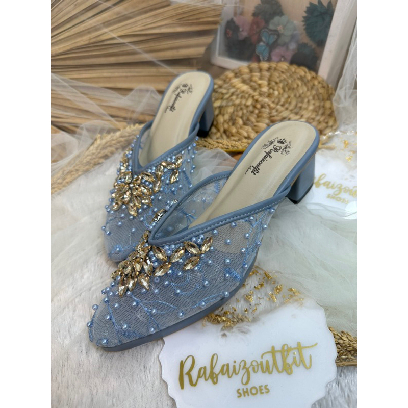 sepatu wedding dhara iceblue diamont gold 5cm chunky