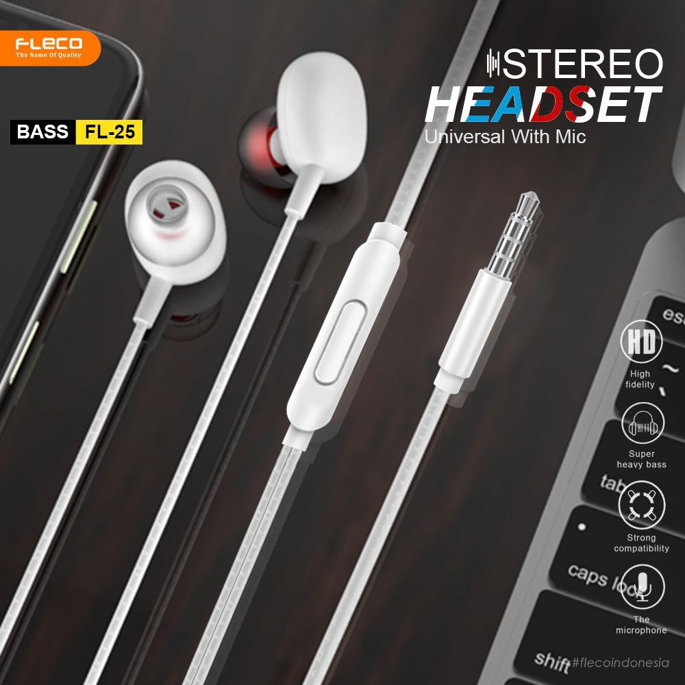 new~Headset FLECO FL-25 STEREO BASS Handsfree FLECO FL25 BASS Earphone FLECO Universal With Mic BY SMOLL