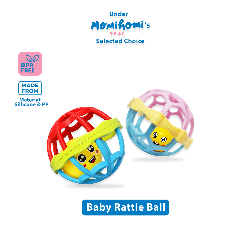 MOMI HOMI Mainan Kerincingan Bayi Teether Rattle Stick Gigitan Bayi BOLA BPA FREE Mainan Anak Krincingan Emoticon Lucu Baby Toys Rattle Ball Kerincingan Silikon Karet Lembut Bisa Bunyi lucu