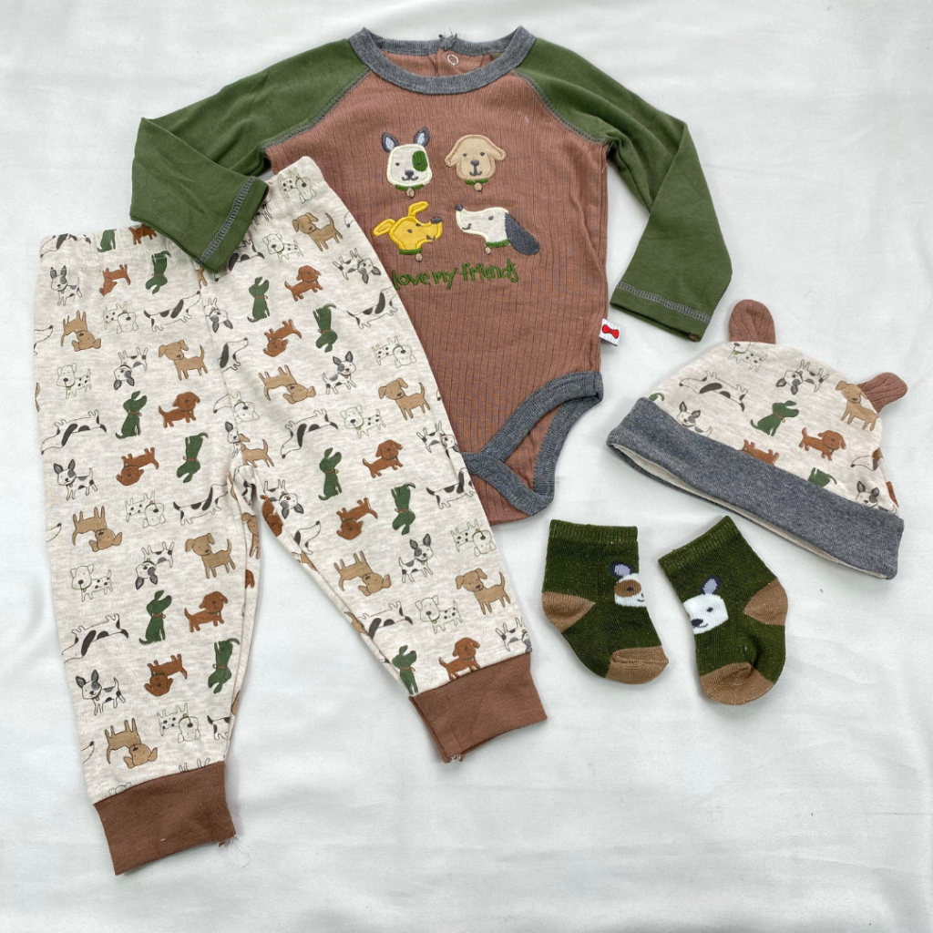 JUMPER SET 4in1 lengan panjang unisex impor / baju bayi jumpsuit baby romper  0-9 bulan setelan kupluk