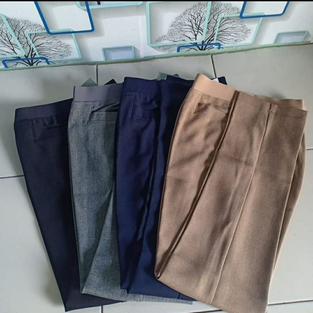 Celana Kerja Formal Wanita Slimfit Bahan Semi Wol Pinggang Full Karet dan Regular Resleting