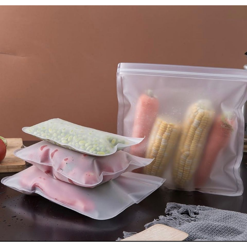 SS Reusable Silicone Food Bag Kantong Penyimpanan Makanan Kedap Udara Ziplock Plastik Penyimpanan