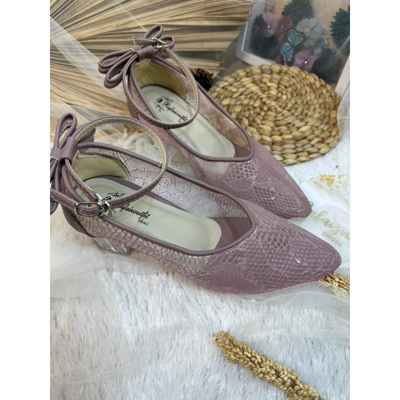 sepatu wanita Vilea mauve pita 5cm kaca