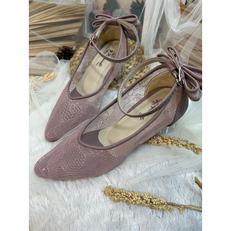 sepatu wanita Vilea mauve pita 5cm kaca