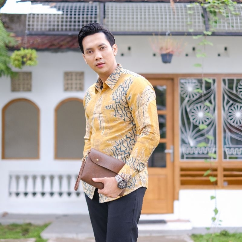 Kemeja Batik Pria Bahan Dobby Warna Kuning Eksklusif Kertojoyo New Terbaru Slimfit