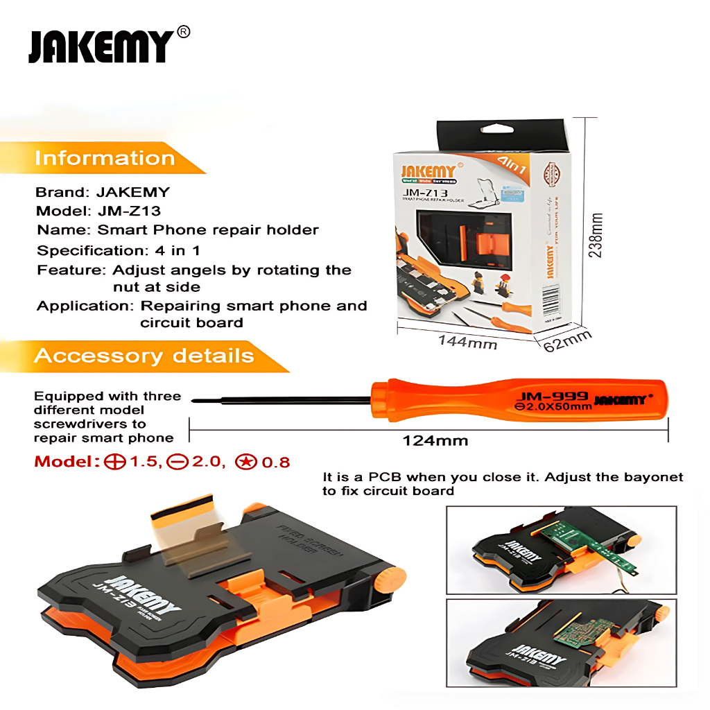 JAKEMY JM-Z13 4-in-1 PCB Repair Smartphone Holder + 3 Screwdrivers