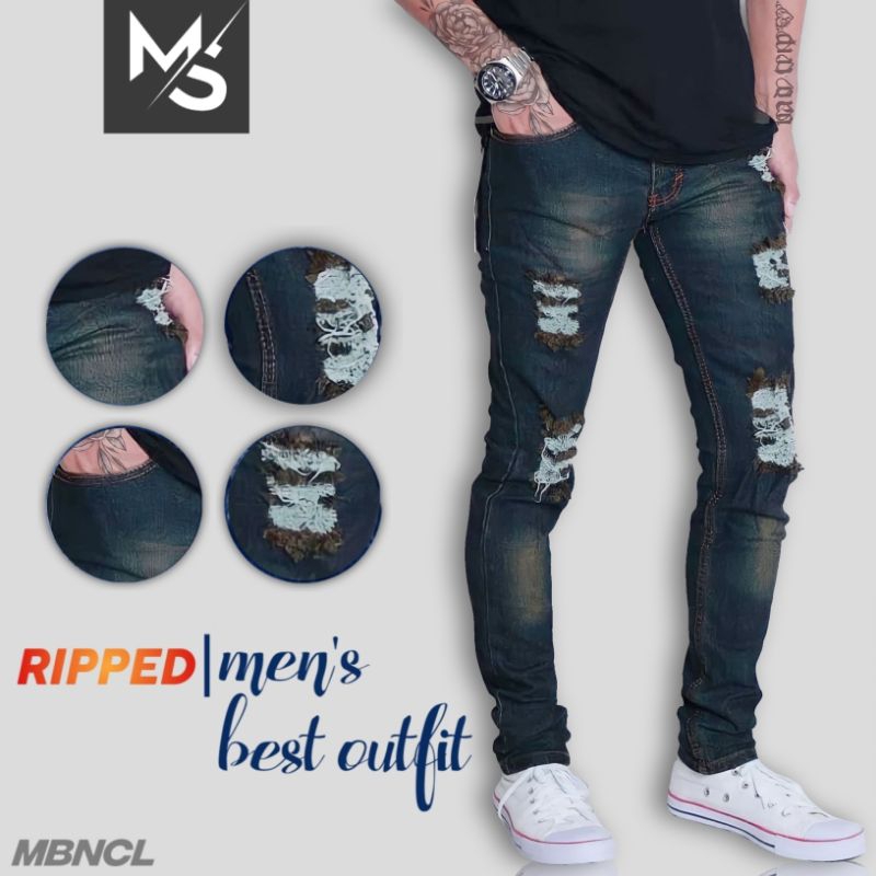 Mavia Pants - Celana Panjang Jeans Pria Sobek Lutut Tembus Ripped Slimfit Bikers Pensil Denim Bio Ting