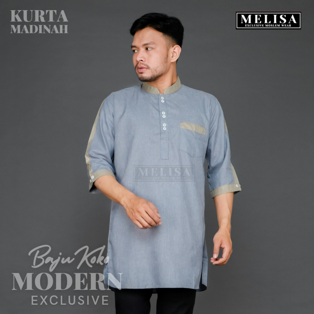 Baju Koko Pria Kurta Lengan Pendek 3/4 Bahan Katun Madinah Warna Hijau Sage Size M L XL