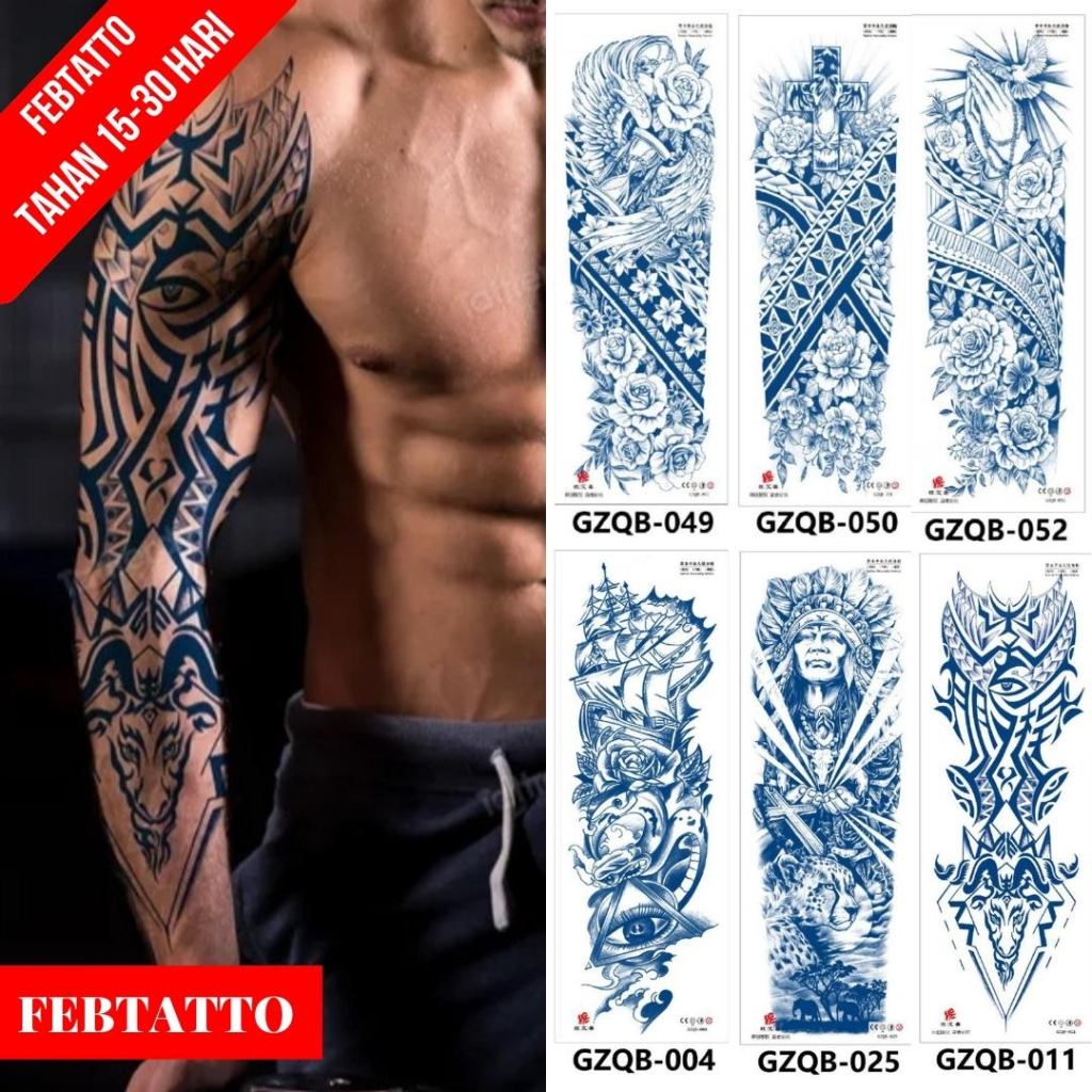 Tato Temporer Ukuran 17cm x 48cm Motif Tanduk Iluminati Tribal GZQB 011 Tato Lengan Tato Dada Tato T