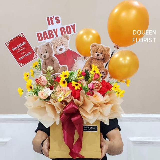 BUNGA BOX ARTIFICIAL ULANG TAHUN BIRTHDAY BALON PREMIUM NEW BORN LAHIRAN LAKI-LAKI BOY