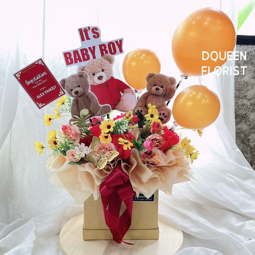 BUNGA BOX ARTIFICIAL ULANG TAHUN BIRTHDAY BALON PREMIUM NEW BORN LAHIRAN LAKI-LAKI BOY