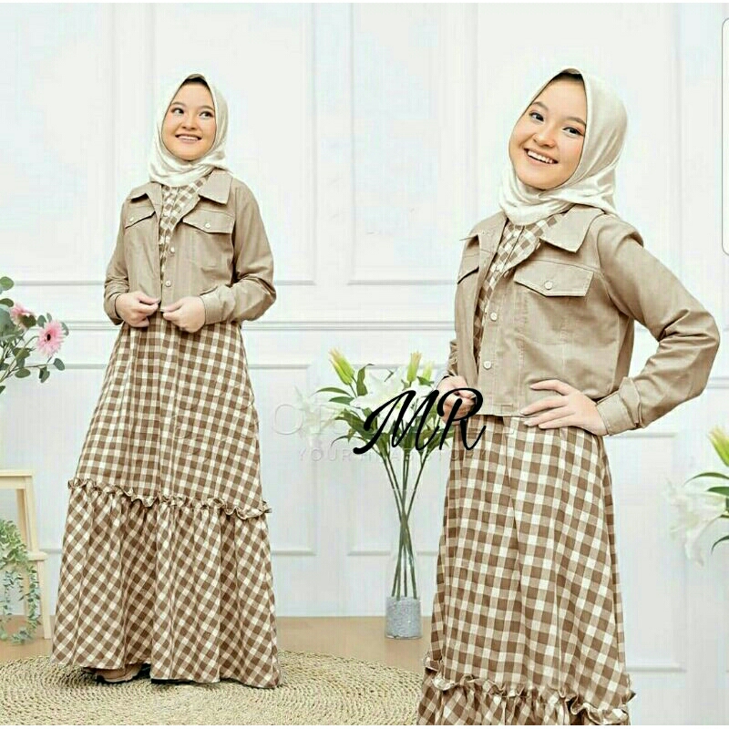 ST Set Stelan Anak Outer Cardi Moscrepe Inner Dress Katun Kotak Kid Kids Janice