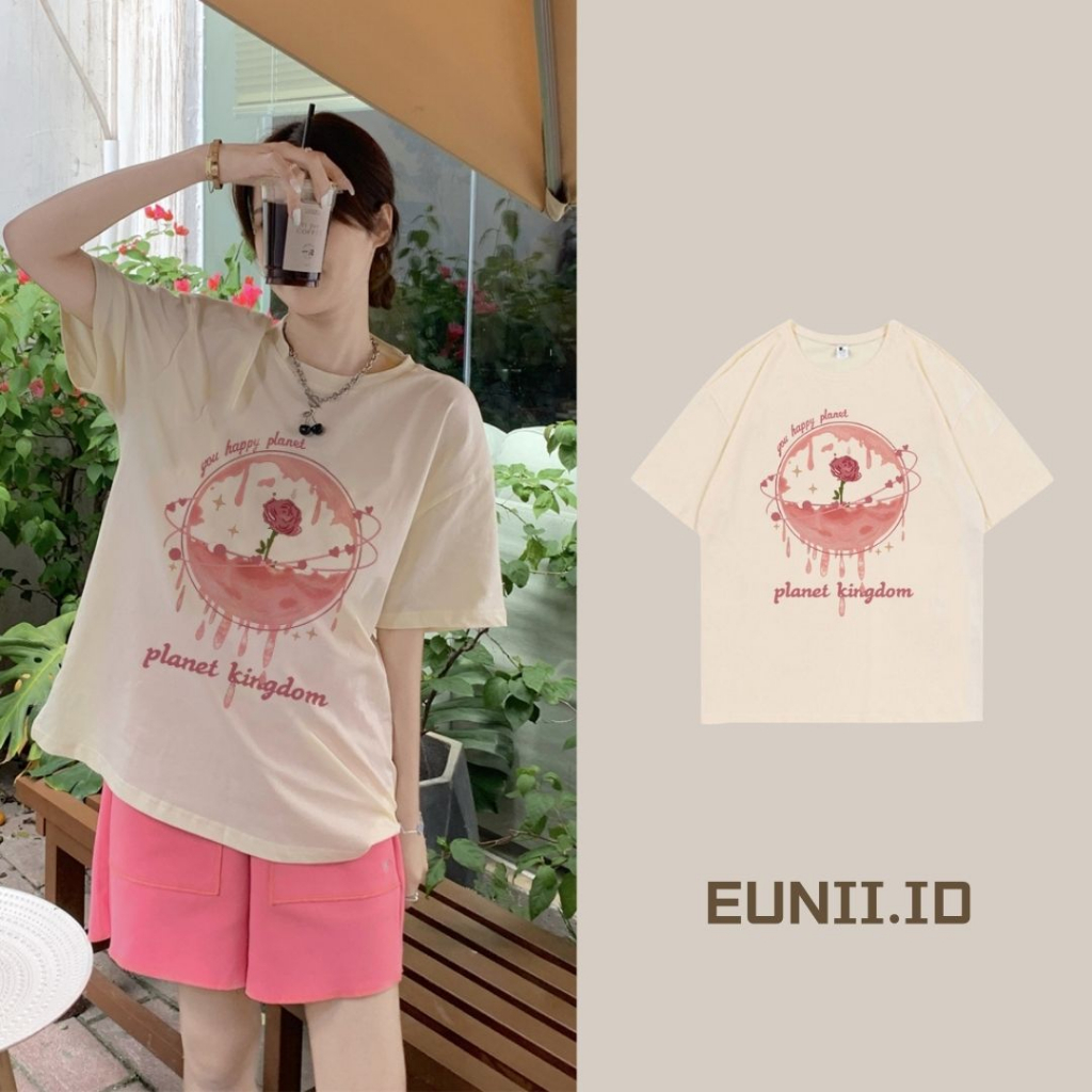 EUNII T-shirt Lengan Pendek Retro Pink Rose BlackPink Korean Style/Kaos Atasan Wanita/Baju Kaus Oversize Wanita/Kaos Wanita