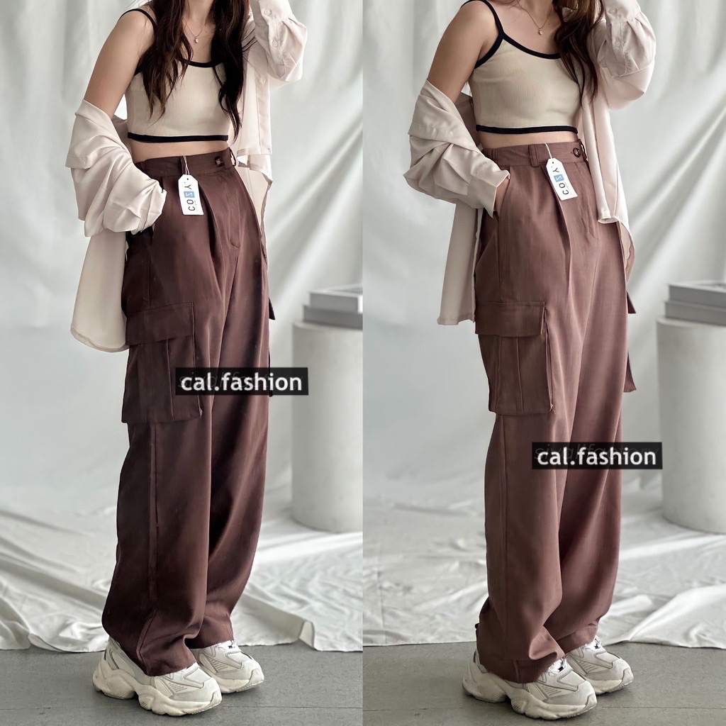 Bisa COD Joan Cargo Pants by cal fashion Bahan Polyester Cotton Warna Black Grey Denim Espresso Choc