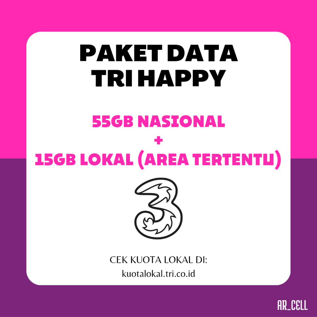 PAKET DATA TRI HAPPY 55GB + 15GB LOKAL AREA TERTENTU KUOTA THREE 70 GB
