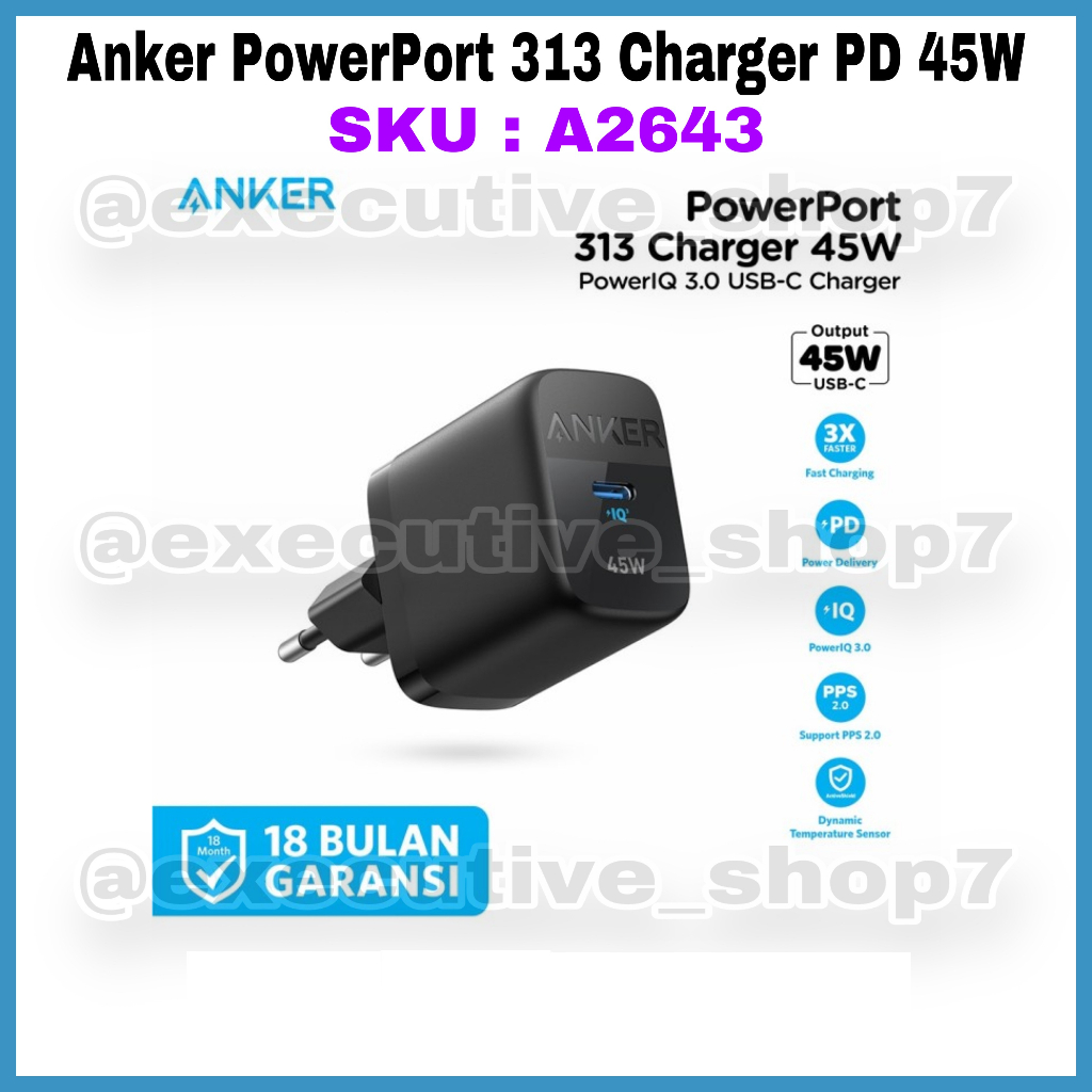 Anker PowerPort 313 Charger PD 45W - SKU A2643 - Garansi Resmi 18 Bulan