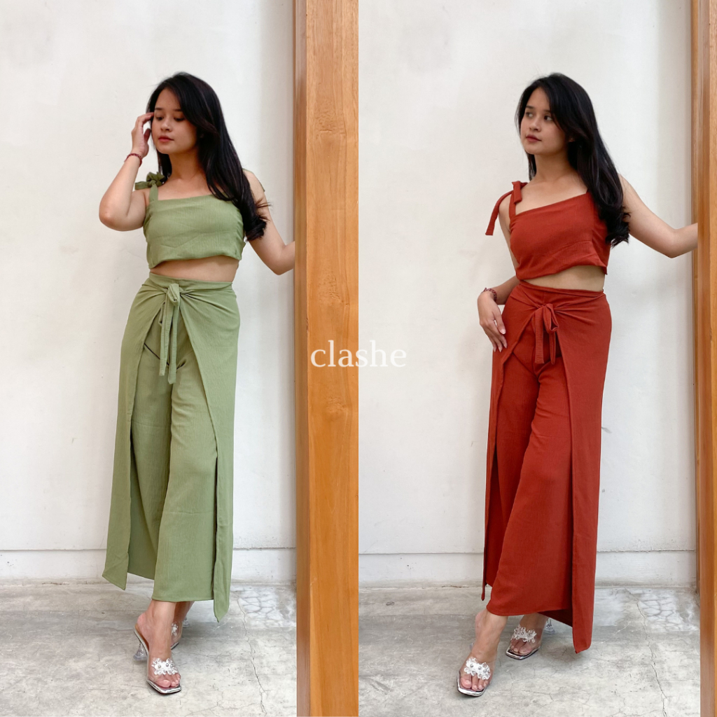 Setelan Wanita Atasan Crop Top Dan Celana Panjang Crinkle Airflow Anti Lecek Korean Style Kekinian Terbaru Ootd Patricia Set by Clashe