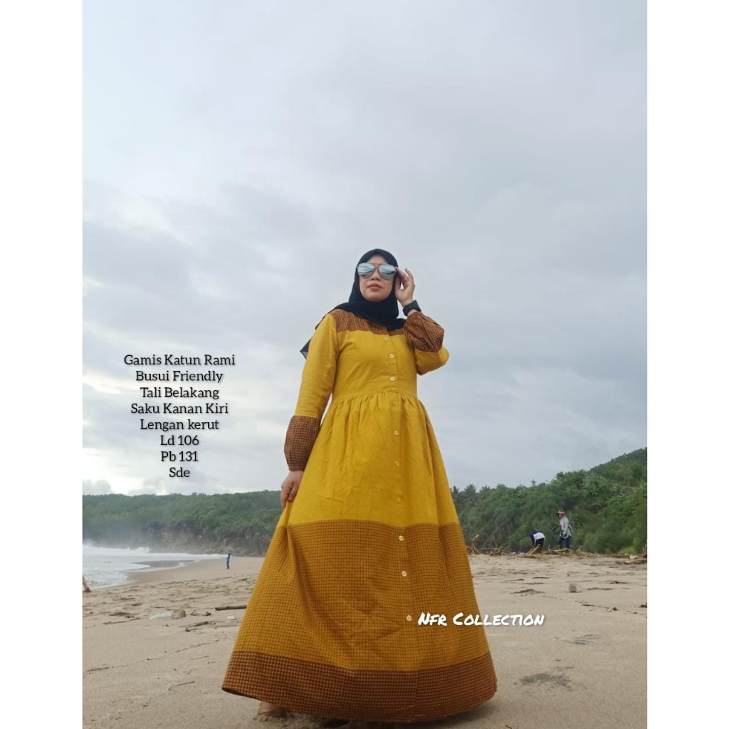 gamis katun rami kei motif kombinasi kotak polos  XL ld 106 tali belakang busui pb 131