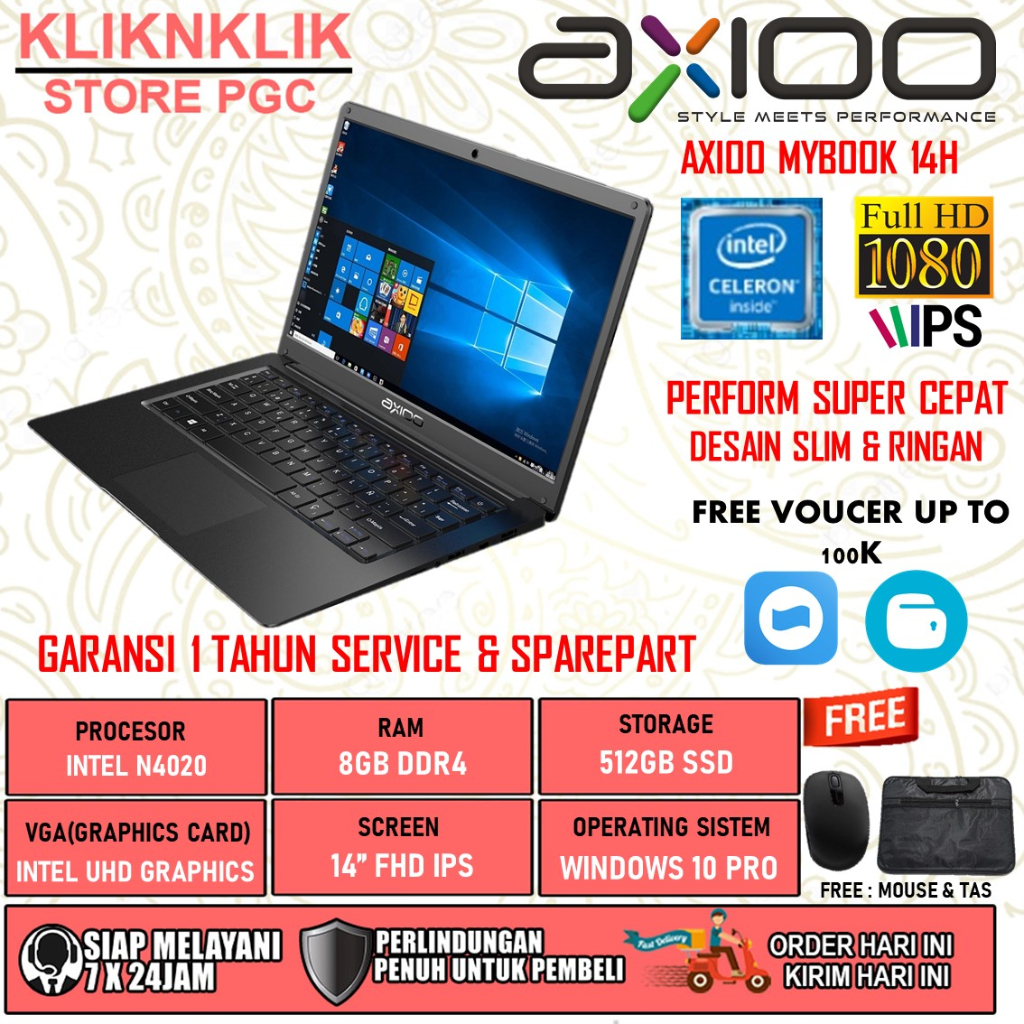 LAPTOP SLIM AXIOO MYBOOK 14H INTEL N4020 RAM 8GB 512GB  SSD FHD WINDOWS 10 PRO GREY