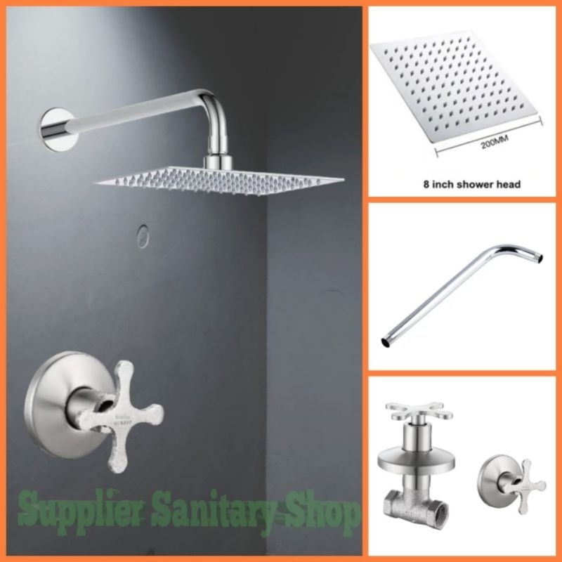 SHOWER TANAM STENLIES SUS 304 PAKET STOP KRAN DINGIN/WALL SHOWER/HEAD SHOWER/STOP KRAN TANAM STENLIES