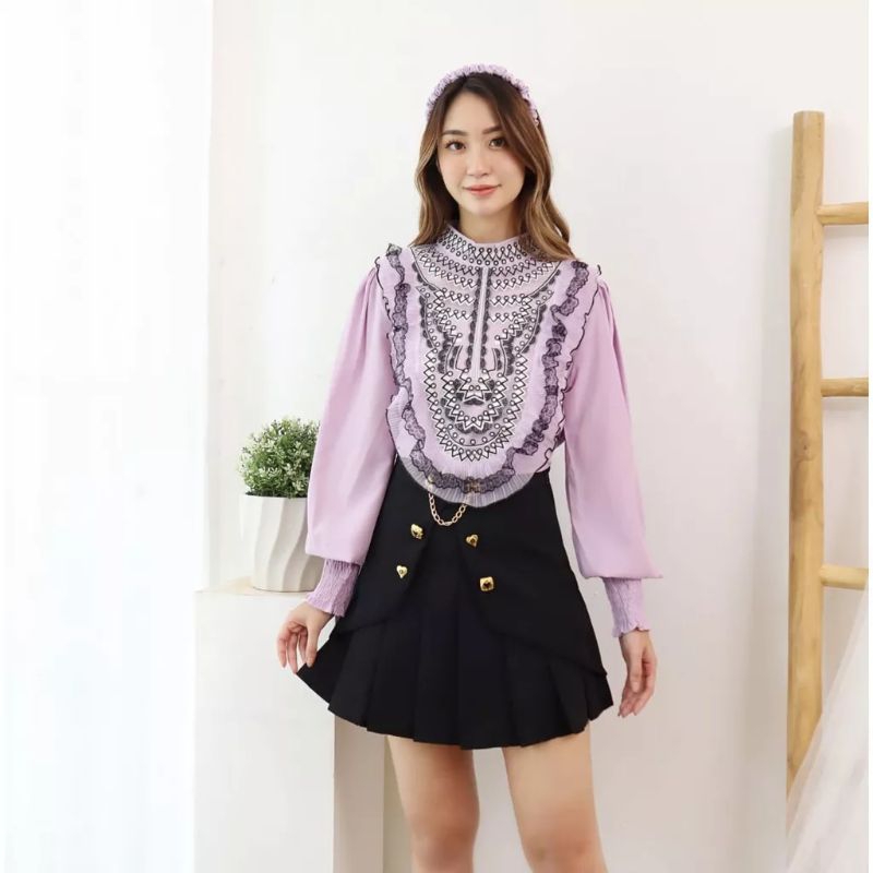 7655 Baju atasan blouse EMBROIDERED BORDIR TOP lengan panjang Korea Korean style hitam pink putih wa