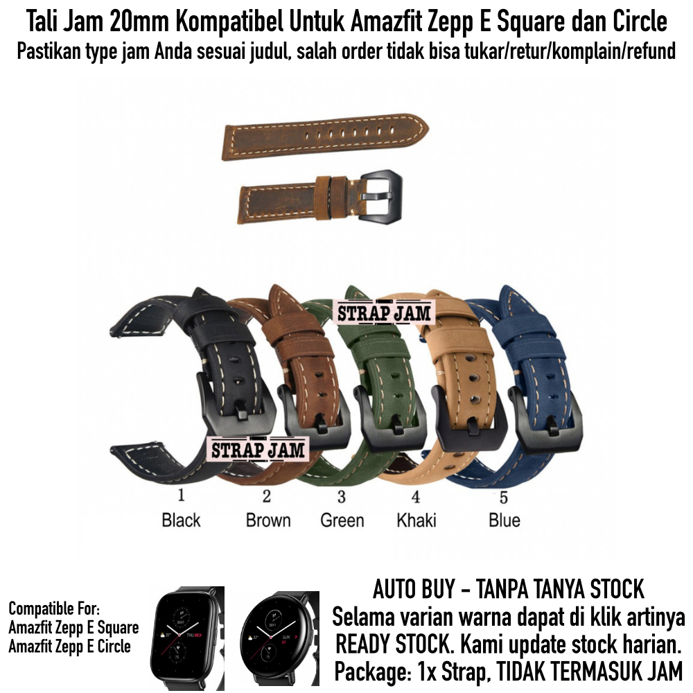 Tali Jam Tangan Amazfit Zepp E Square / Circle - Strap 20mm Kulit Leather Tebal Dengan Buckle Hitam