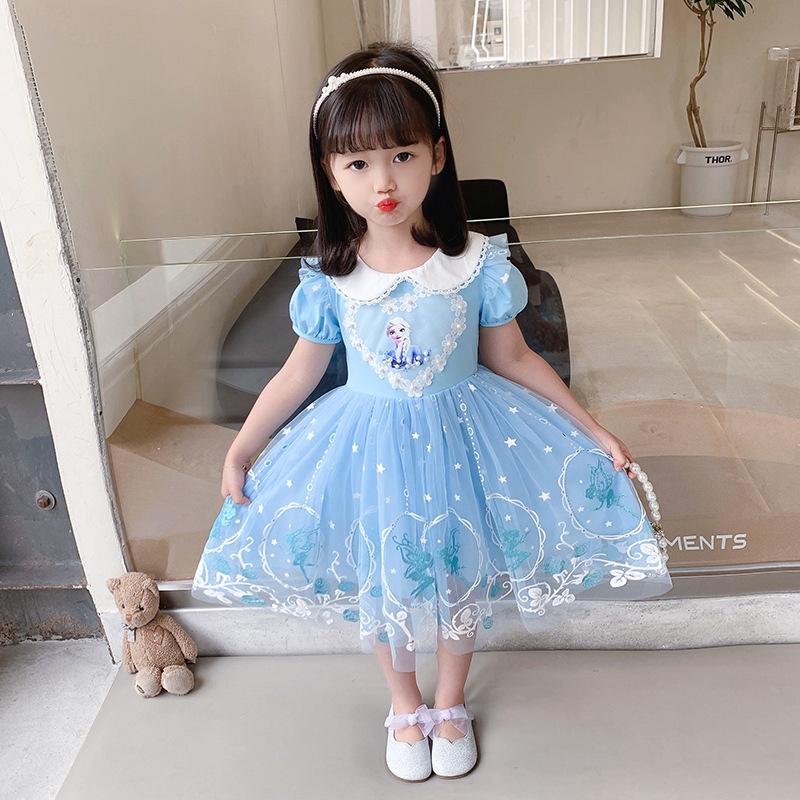 【Gratis Mahkota】Kids Girl Frozen Elsa Putri Gaun Musim Panas Tutu Tulle Bunga Kostum