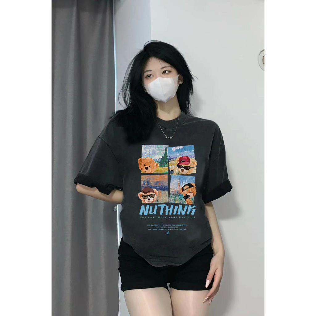 EUNII T-shirt Lengan Pendek Black Washed Cartoon Bear Traveling Printing Korean Style/Kaos Atasan Wanita/Baju Wanita/Kaos Wanita