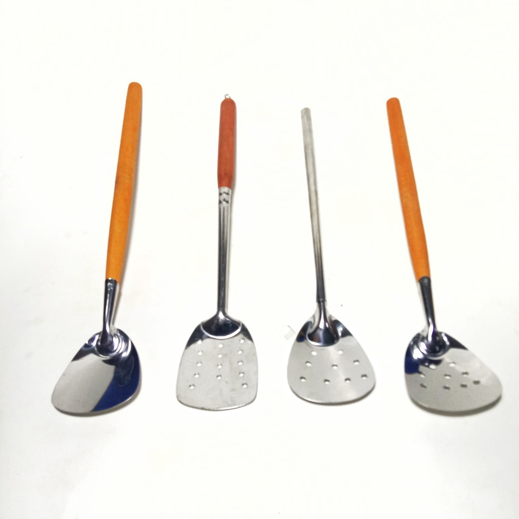 SODET / SUSUK / SPATULA STAINLESS GAGANG KAYU LUBANG / DATAR