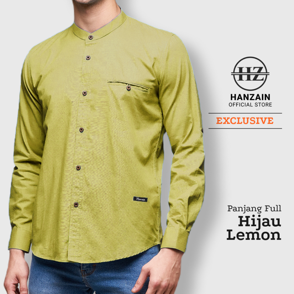 Baju Kemeja Koko Pria Ayah dan Anak Couple Lengan Panjang Full Warna Hijau Lemon Lime Hanzain