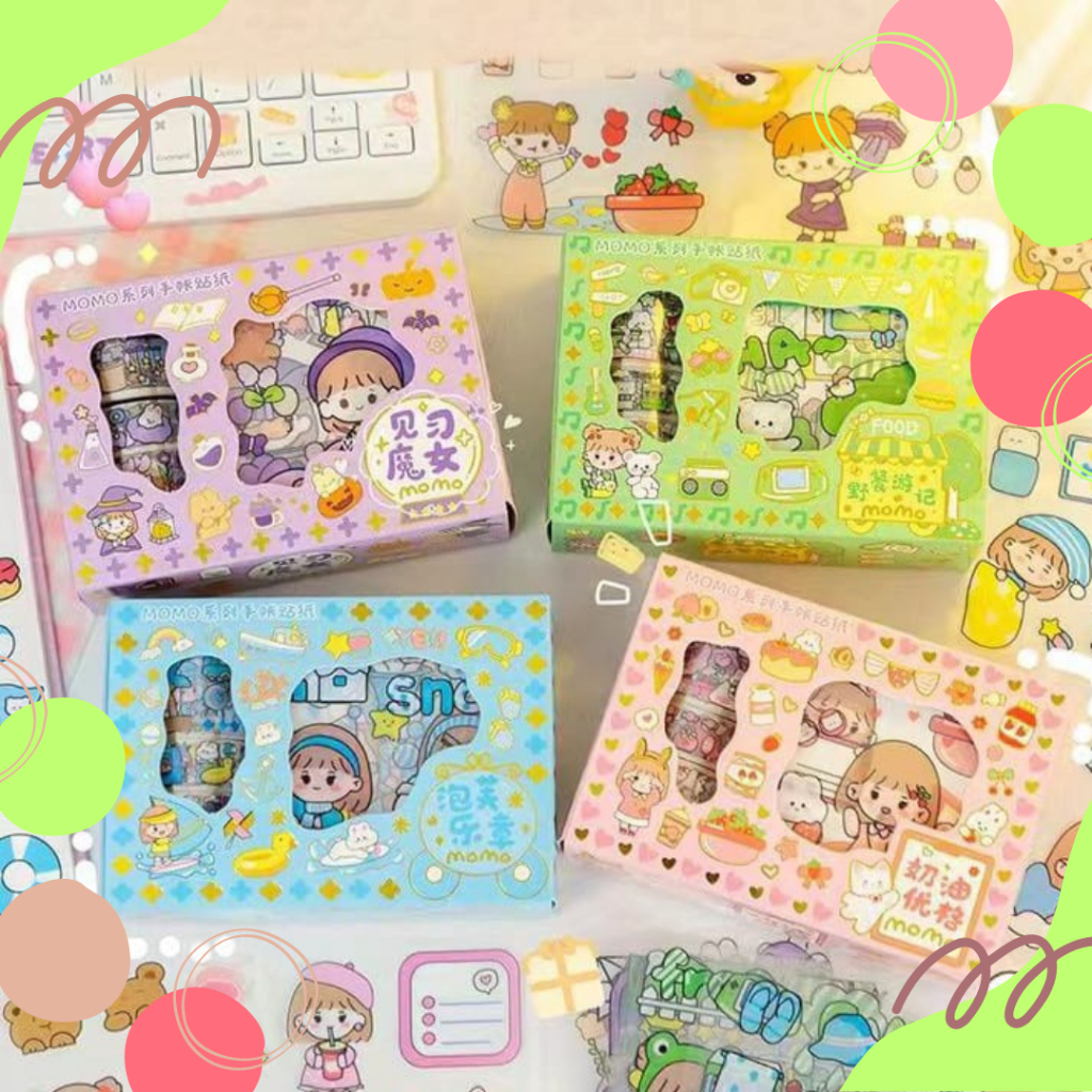 Mikusoo Stiker MoMo Roll Set BOX Kartun Aesthetic Sticker Dekorasi Botol Buku Waterproof