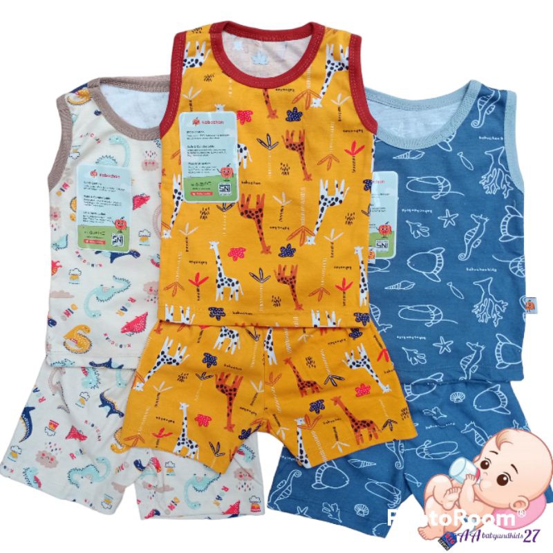 KABOCHAN 3Pasang Setelan Baju Bayi Lengan Kutung Full Printing Ukuran S M L 2L XL SNI Nyaman Murah Berkualitas