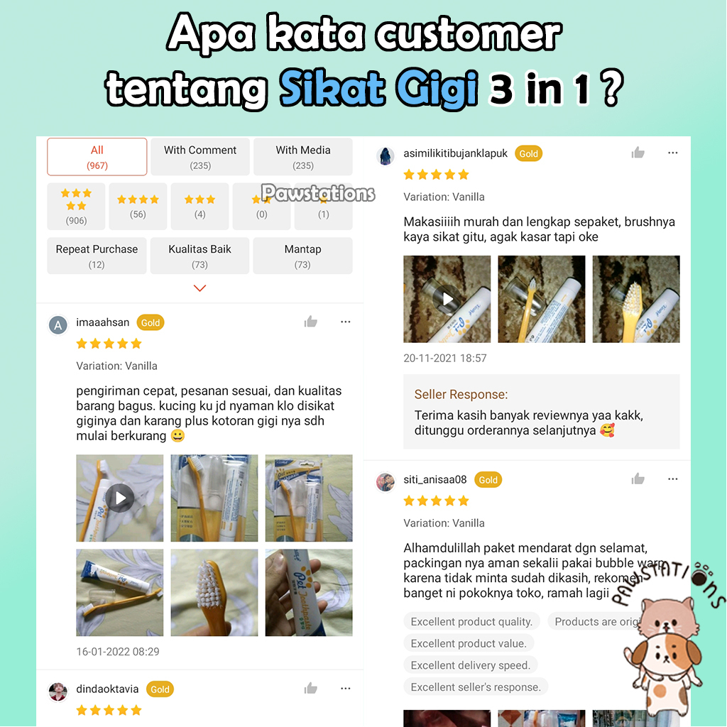 Sikat Gigi dan Pasta Gigi Anjing &amp; Kucing 3 in 1 Set Gosok Gigi Kucing