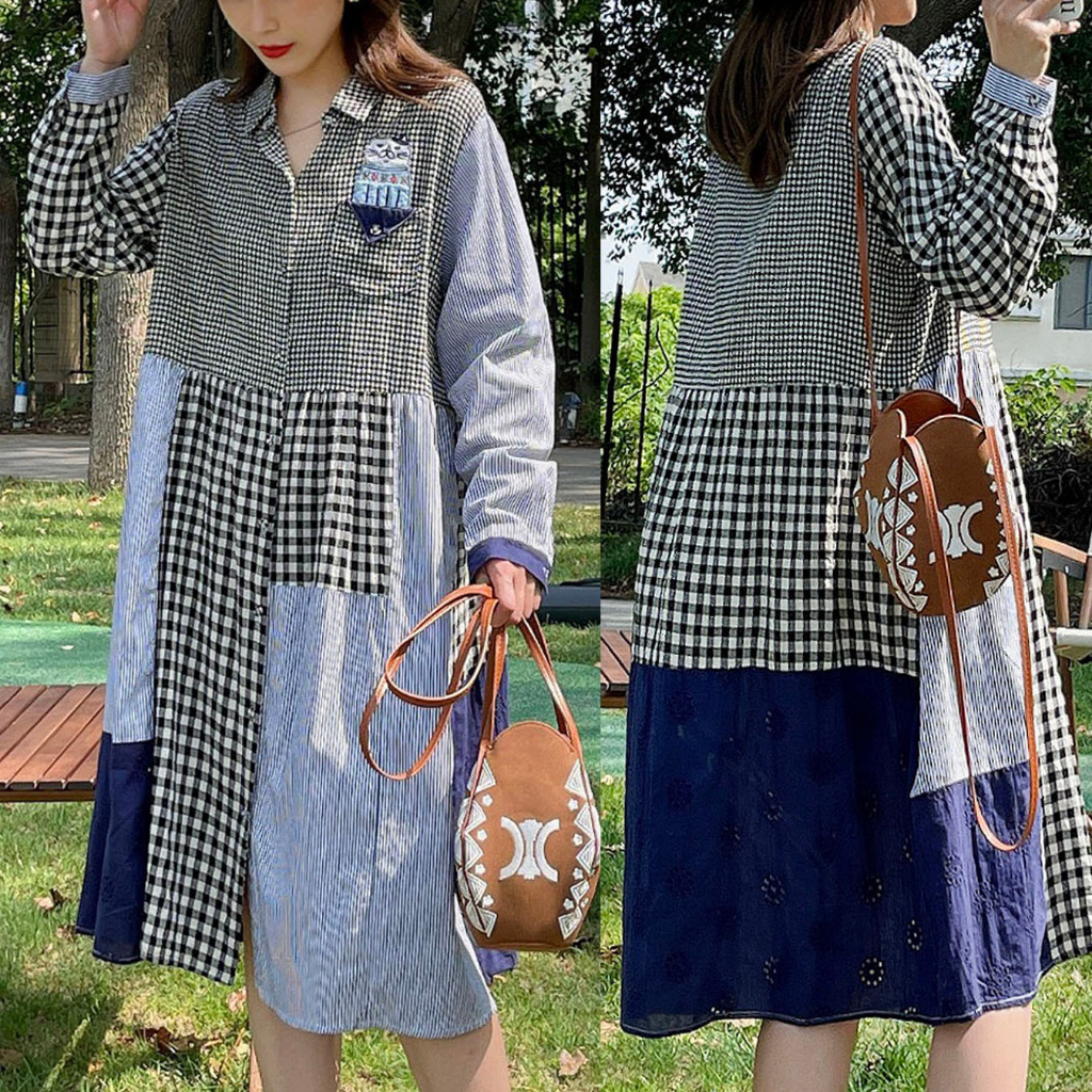DRESS KEMEJA TUNIK MIDI KATUN PATCHWORK KOTAK HITAM GARIS BRUKAT BIRU KANTONG KUCING IMPORT
