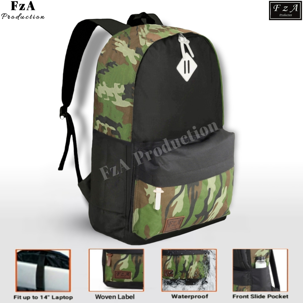 FzA Official - Tas Ransel Gendong Laptop Distro Sekolah Kuliah Pria Wanita Black Murah Original Tas Punggung Laptop - Black Army