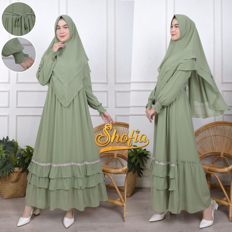 Gamis set khimar ceruti babydoll kombinasi renda