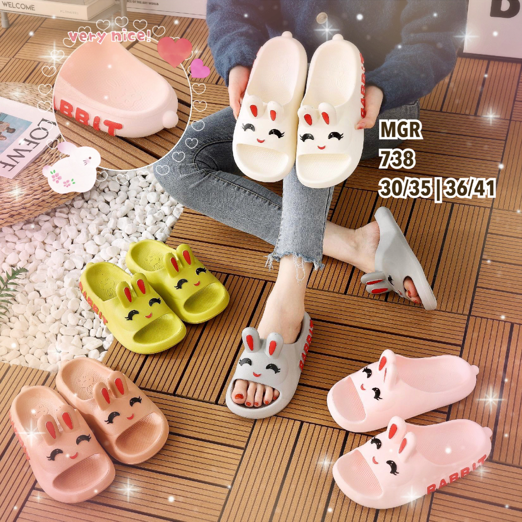 Sandal Selop Karet Wanita Kelinci Bunny Kuping Timbul 3D Lucu Cute Imut Impor MGR Mokaya Balance(738)/Size36-41