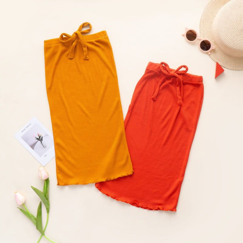 ROK SPAN Skirt Anak Perempuan Curly Ruffle Knit Tee | Bawahan Rok Anak Bahan Rib Knot Halus Dan Lembut