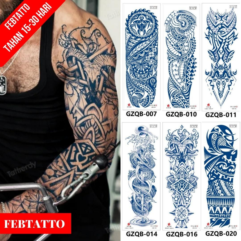 FRUIT INK Tato Semi Pemanent Tahan 1 Bulan Ukuran 17 X 48cm Motif Aesthetic Tatto Temporary Stiker Tato Halal Grosir Tato air motif tribal, tribal kepala kambing, naga GZQB 016