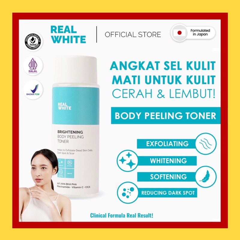 REAL WHITE Toner Pemutih Badan Brightening Body Peeling Exfoliating Toner | BPOM HALAL Skincare Whit