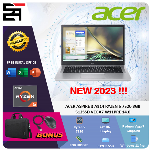 Acer Aspire 3 A314 Ryzen 5 7520 8GB 512GB SSD W11 Pre Installed 14 Inchi HD