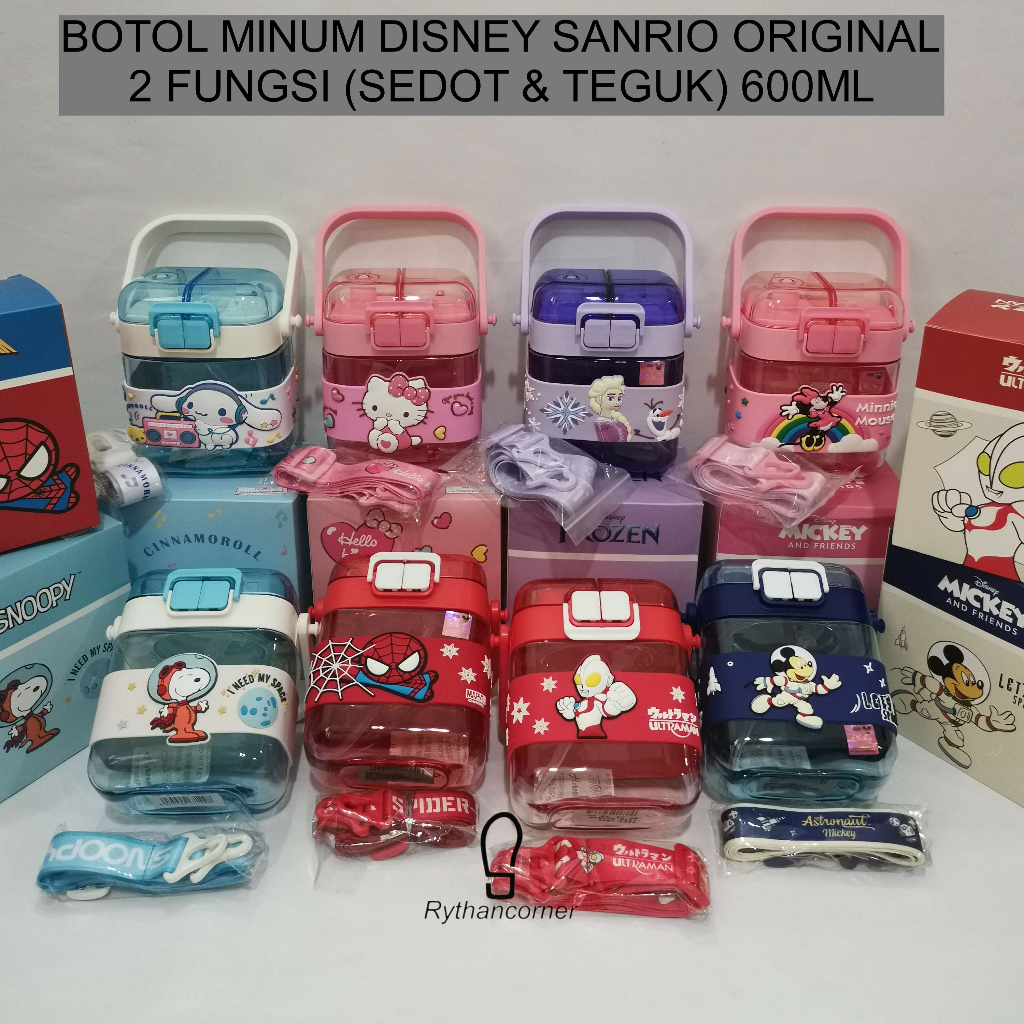 BOTOL MINUM WATER BOTTLE DISNEY SANRIO 2IN1 SEDOTAN DAN TEGUK 600ML