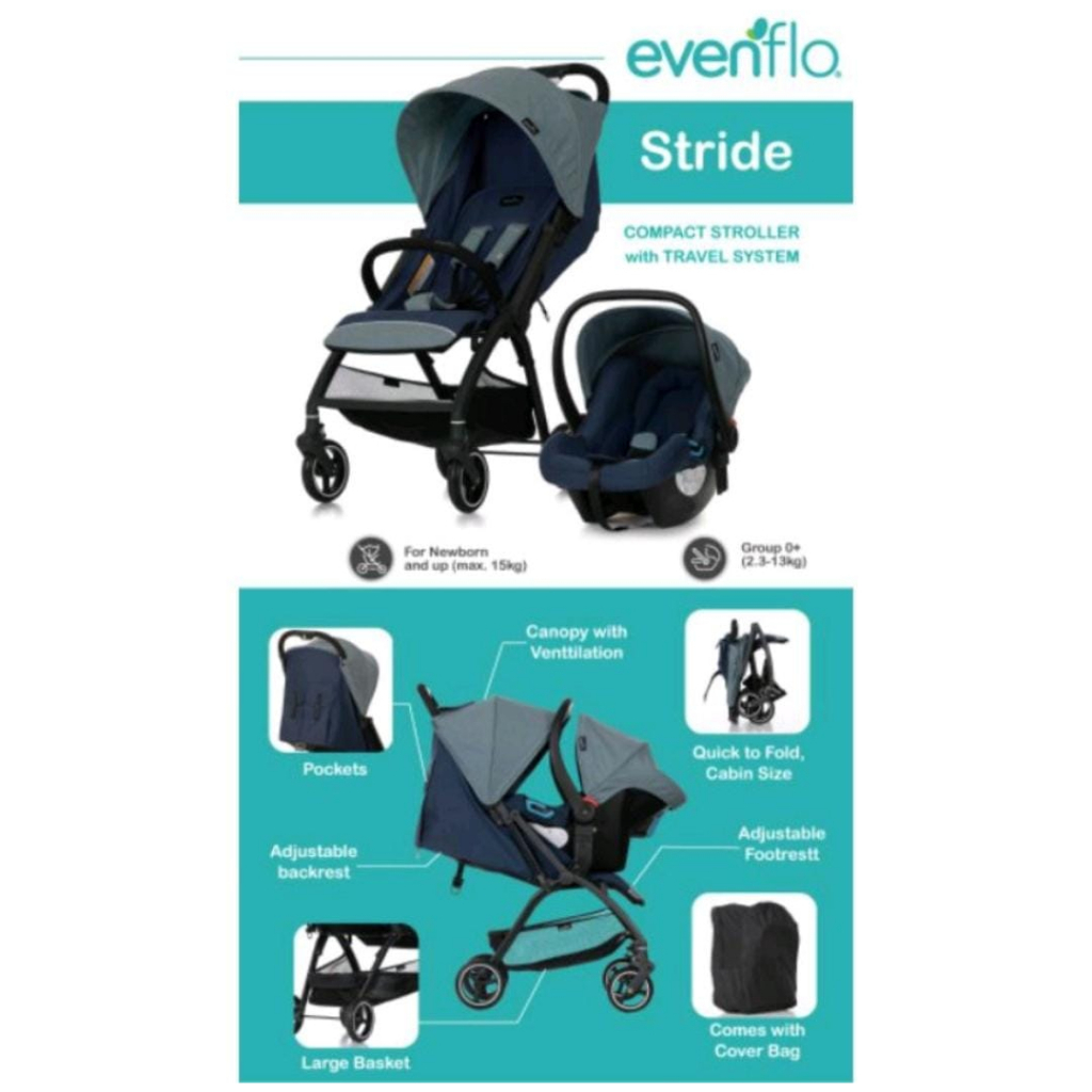 Cocolatte Evenflo Stride Travel System D639E01+CS28+A002 - Kereta Dorong Anak Dengan Car Seat T/SEV-D639E01