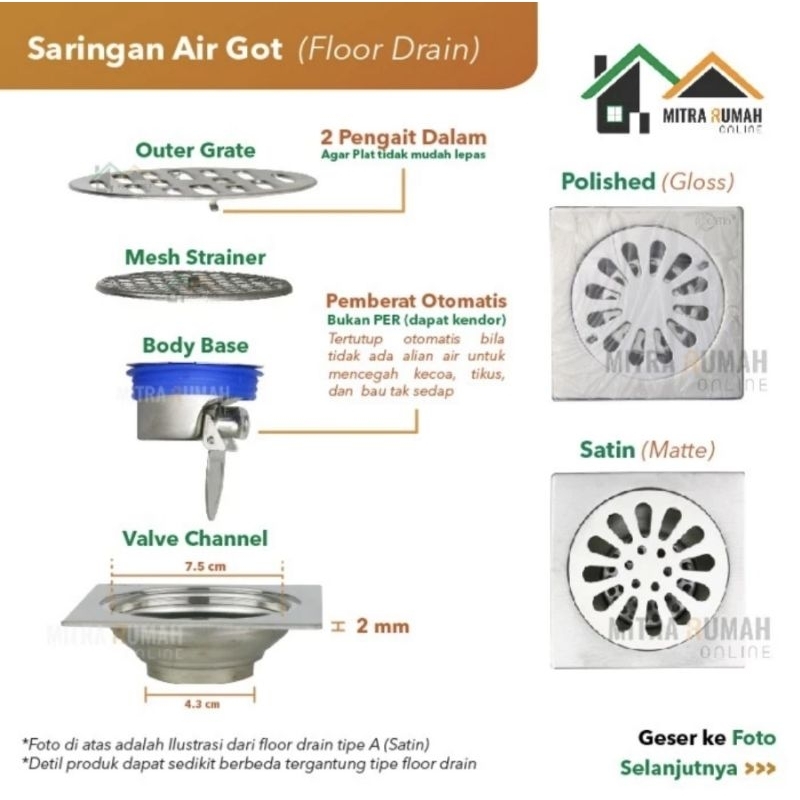 Saluran Floor Drain / Saringan Air Lantai Got Stainless Kamar Mandi