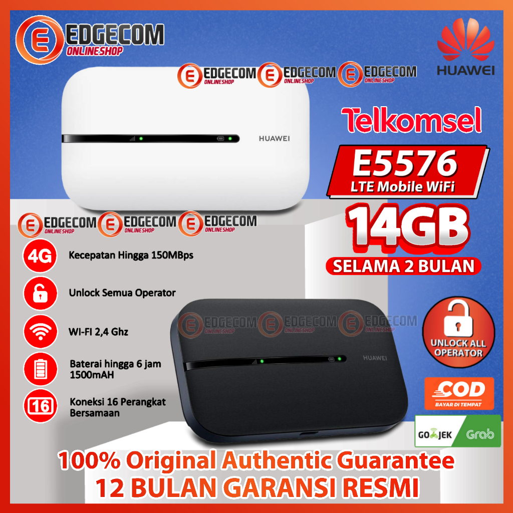 Mifi 4G LTE Huawei E5576 Free Telkomsel 14GB Garansi Resmi