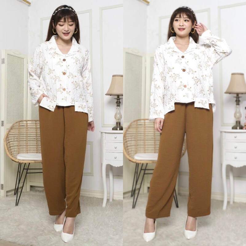 SETELAN CELANA PANJANG WANITA BAHAN CRINKLE TEKSTUR ( LD:110-120cm )