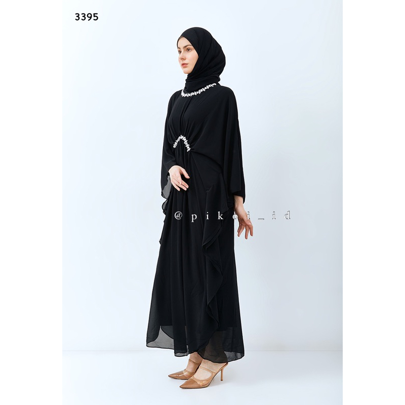 Long dress panjang wanita putih hitam / Kaftan wanita full manset lengan panjang payet kristal 3395