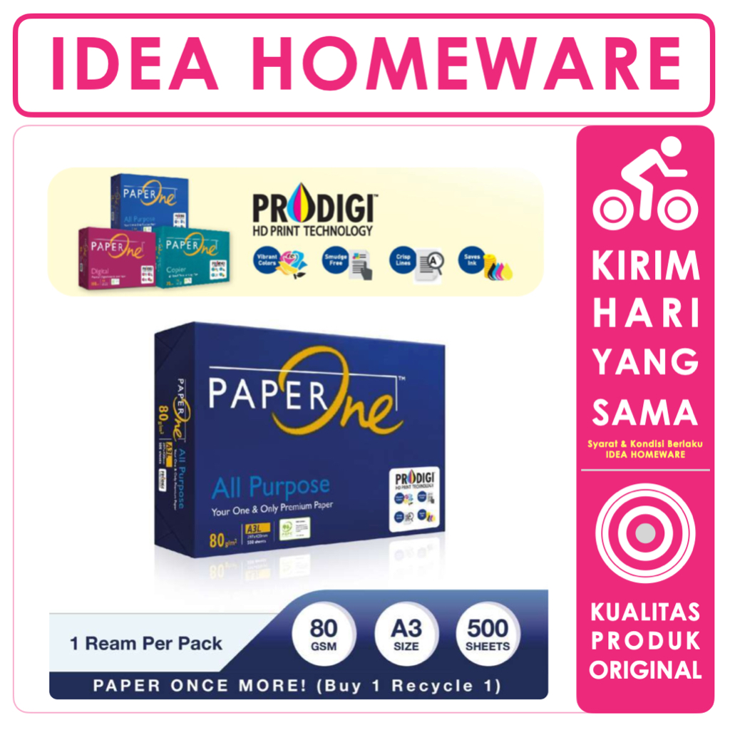 

Kertas Fotocopy Print HVS PaperOne Digital Copies All Purpose A3 80 gr - 1 Rim