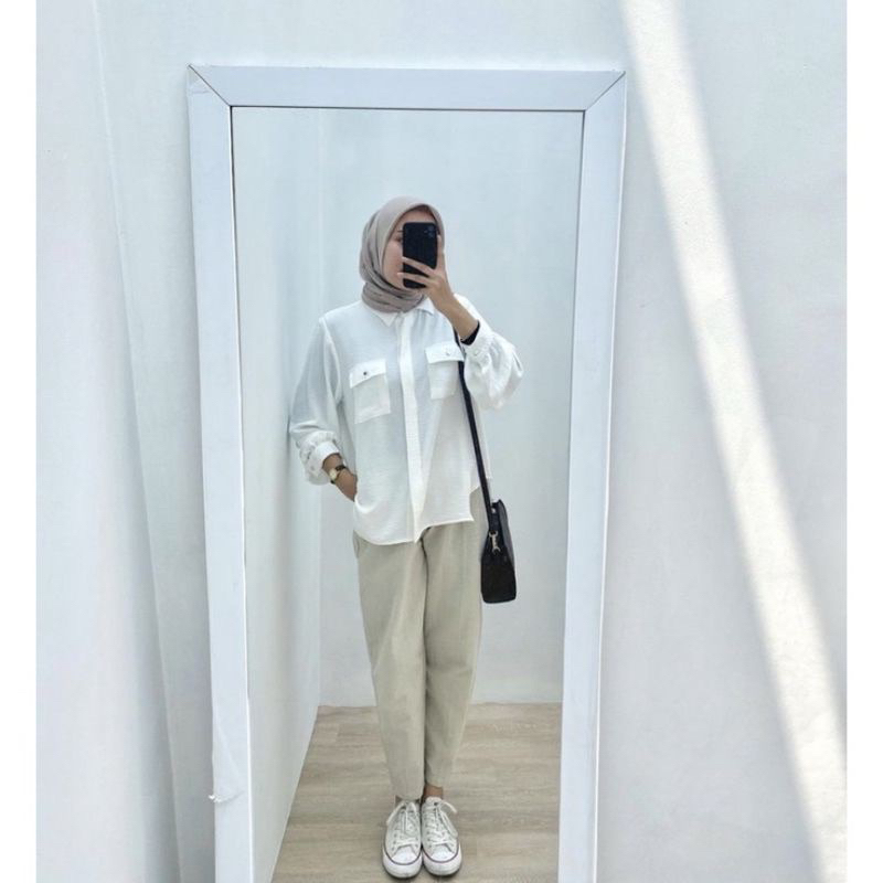 Kemeja Polos Oversize Wanita Crinkle Akrflow Karina Blouse Lengan Panjang Full Kancing Hidup Saku Dua