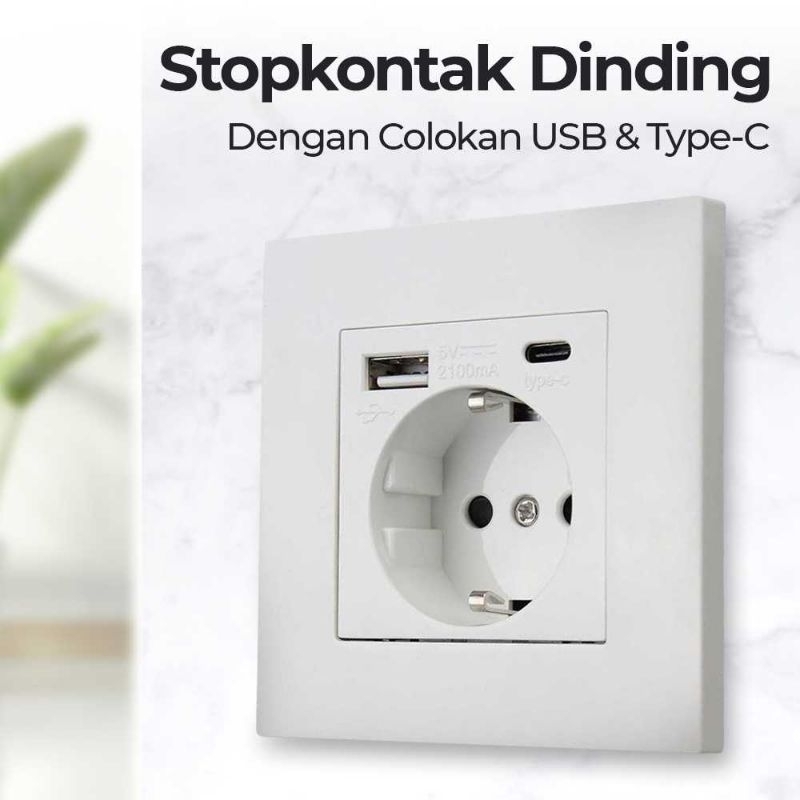 Honbi Stopkontak Dinding USB Type-C Soket Listrik Square Wall Socket - HB16